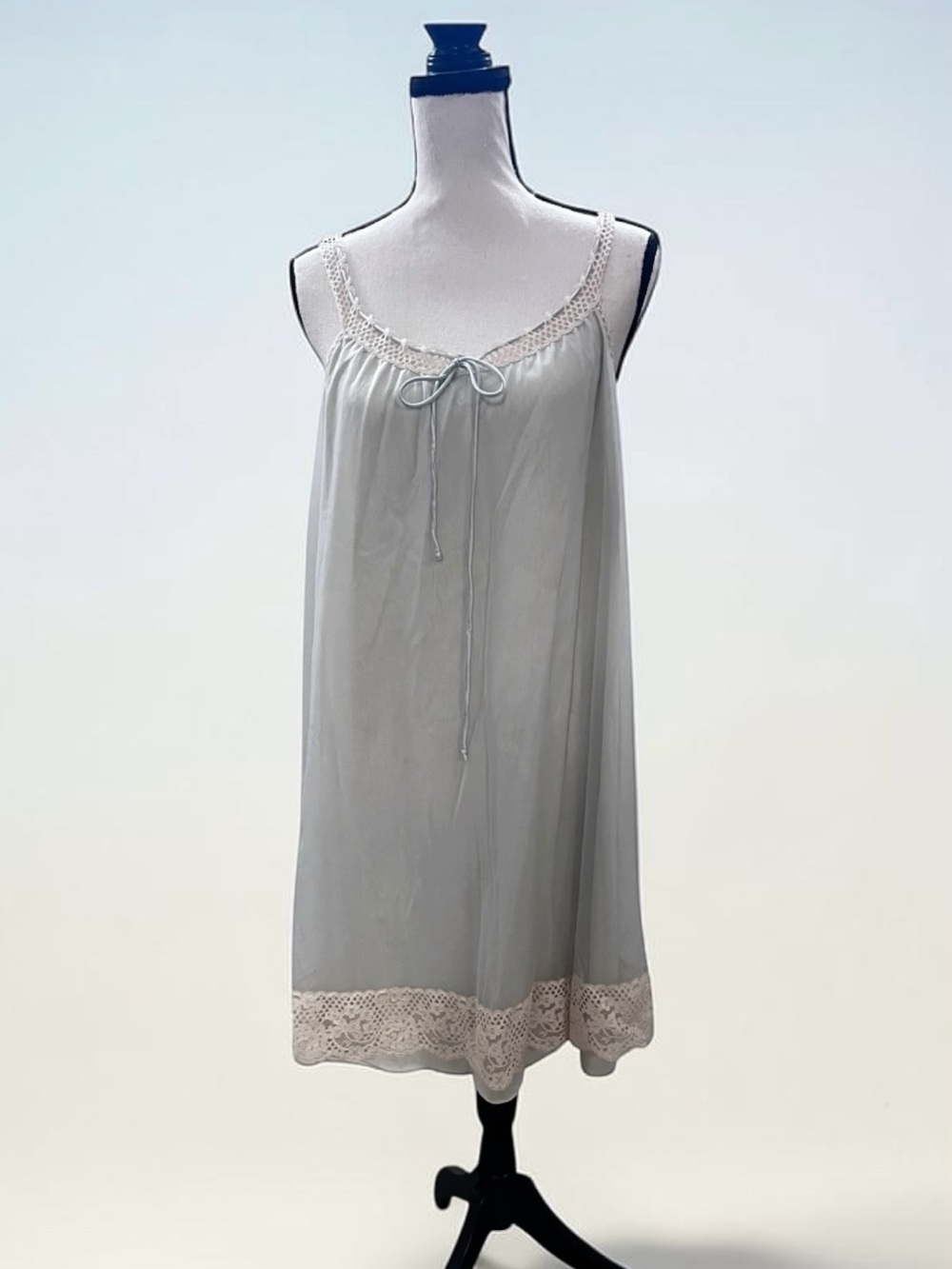 Vanity Fair Vintage 70's Short Blue Sleeveless Nightgown with Lace, Sheer Large
